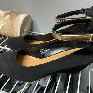 Wedge heel gold ankle strap shoes